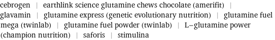 cebrogen | earthlink science glutamine chews chocolate (amerifit) | glavamin | glutamine express (genetic evolutionary nutrition) | glutamine fuel mega (twinlab) | glutamine fuel powder (twinlab) | L-glutamine power (champion nutrition) | saforis | stimulina