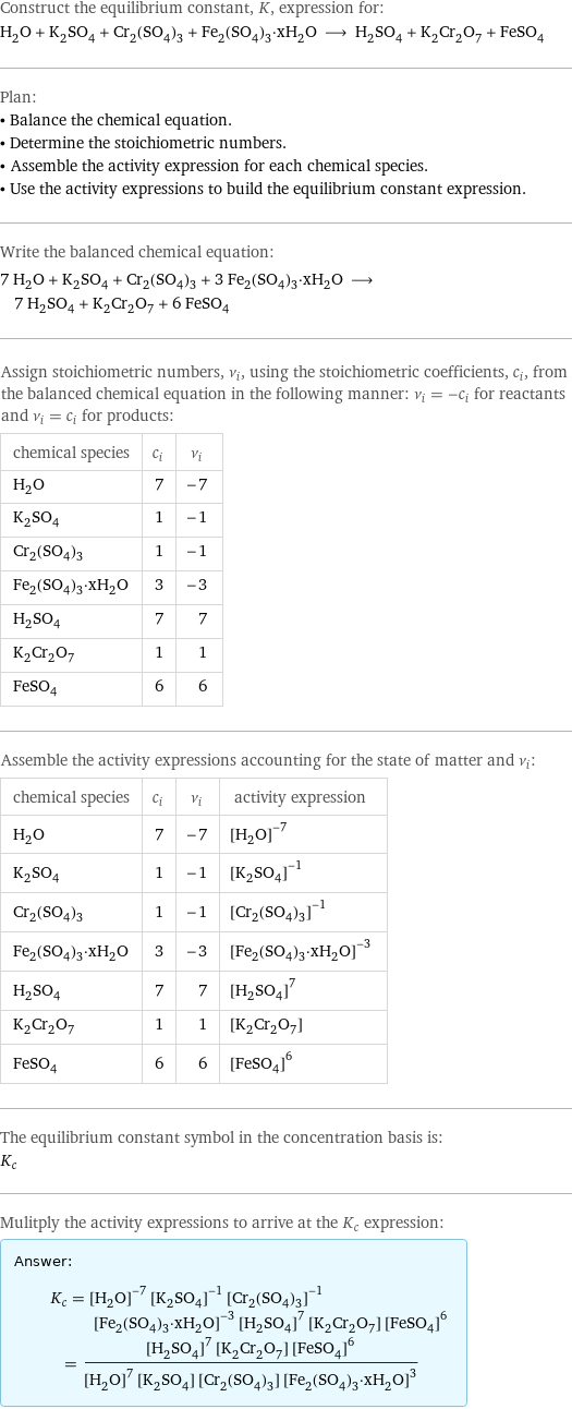 Construct the equilibrium constant, K, expression for: H_2O + K_2SO_4 + Cr_2(SO_4)_3 + Fe_2(SO_4)_3·xH_2O ⟶ H_2SO_4 + K_2Cr_2O_7 + FeSO_4 Plan: • Balance the chemical equation. • Determine the stoichiometric numbers. • Assemble the activity expression for each chemical species. • Use the activity expressions to build the equilibrium constant expression. Write the balanced chemical equation: 7 H_2O + K_2SO_4 + Cr_2(SO_4)_3 + 3 Fe_2(SO_4)_3·xH_2O ⟶ 7 H_2SO_4 + K_2Cr_2O_7 + 6 FeSO_4 Assign stoichiometric numbers, ν_i, using the stoichiometric coefficients, c_i, from the balanced chemical equation in the following manner: ν_i = -c_i for reactants and ν_i = c_i for products: chemical species | c_i | ν_i H_2O | 7 | -7 K_2SO_4 | 1 | -1 Cr_2(SO_4)_3 | 1 | -1 Fe_2(SO_4)_3·xH_2O | 3 | -3 H_2SO_4 | 7 | 7 K_2Cr_2O_7 | 1 | 1 FeSO_4 | 6 | 6 Assemble the activity expressions accounting for the state of matter and ν_i: chemical species | c_i | ν_i | activity expression H_2O | 7 | -7 | ([H2O])^(-7) K_2SO_4 | 1 | -1 | ([K2SO4])^(-1) Cr_2(SO_4)_3 | 1 | -1 | ([Cr2(SO4)3])^(-1) Fe_2(SO_4)_3·xH_2O | 3 | -3 | ([Fe2(SO4)3·xH2O])^(-3) H_2SO_4 | 7 | 7 | ([H2SO4])^7 K_2Cr_2O_7 | 1 | 1 | [K2Cr2O7] FeSO_4 | 6 | 6 | ([FeSO4])^6 The equilibrium constant symbol in the concentration basis is: K_c Mulitply the activity expressions to arrive at the K_c expression: Answer: |   | K_c = ([H2O])^(-7) ([K2SO4])^(-1) ([Cr2(SO4)3])^(-1) ([Fe2(SO4)3·xH2O])^(-3) ([H2SO4])^7 [K2Cr2O7] ([FeSO4])^6 = (([H2SO4])^7 [K2Cr2O7] ([FeSO4])^6)/(([H2O])^7 [K2SO4] [Cr2(SO4)3] ([Fe2(SO4)3·xH2O])^3)