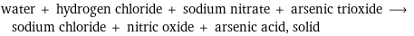 water + hydrogen chloride + sodium nitrate + arsenic trioxide ⟶ sodium chloride + nitric oxide + arsenic acid, solid