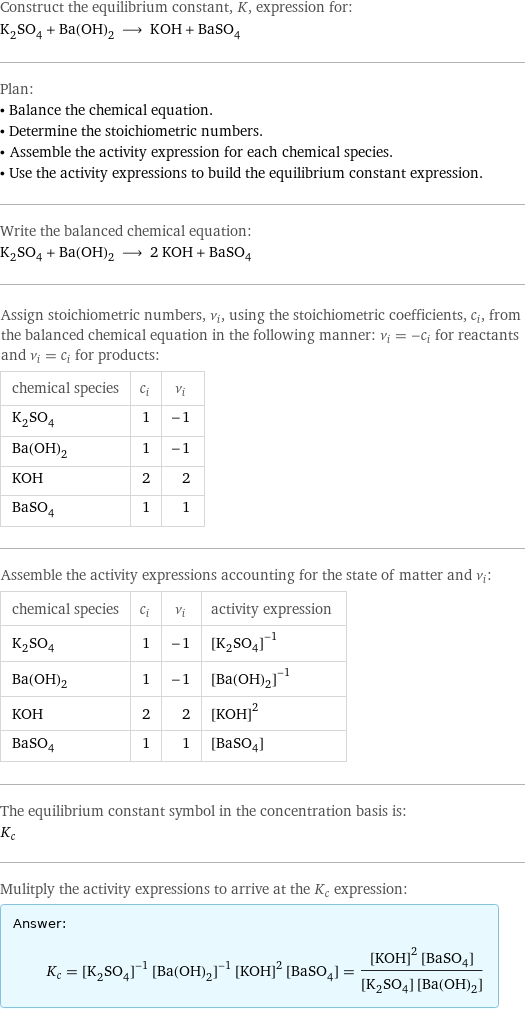 Construct the equilibrium constant, K, expression for: K_2SO_4 + Ba(OH)_2 ⟶ KOH + BaSO_4 Plan: • Balance the chemical equation. • Determine the stoichiometric numbers. • Assemble the activity expression for each chemical species. • Use the activity expressions to build the equilibrium constant expression. Write the balanced chemical equation: K_2SO_4 + Ba(OH)_2 ⟶ 2 KOH + BaSO_4 Assign stoichiometric numbers, ν_i, using the stoichiometric coefficients, c_i, from the balanced chemical equation in the following manner: ν_i = -c_i for reactants and ν_i = c_i for products: chemical species | c_i | ν_i K_2SO_4 | 1 | -1 Ba(OH)_2 | 1 | -1 KOH | 2 | 2 BaSO_4 | 1 | 1 Assemble the activity expressions accounting for the state of matter and ν_i: chemical species | c_i | ν_i | activity expression K_2SO_4 | 1 | -1 | ([K2SO4])^(-1) Ba(OH)_2 | 1 | -1 | ([Ba(OH)2])^(-1) KOH | 2 | 2 | ([KOH])^2 BaSO_4 | 1 | 1 | [BaSO4] The equilibrium constant symbol in the concentration basis is: K_c Mulitply the activity expressions to arrive at the K_c expression: Answer: |   | K_c = ([K2SO4])^(-1) ([Ba(OH)2])^(-1) ([KOH])^2 [BaSO4] = (([KOH])^2 [BaSO4])/([K2SO4] [Ba(OH)2])