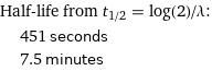 Half-life from t_(1/2) = log(2)/λ:  | 451 seconds  | 7.5 minutes