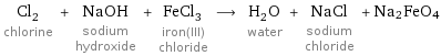 Cl_2 chlorine + NaOH sodium hydroxide + FeCl_3 iron(III) chloride ⟶ H_2O water + NaCl sodium chloride + Na2FeO4