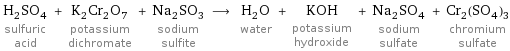 H_2SO_4 sulfuric acid + K_2Cr_2O_7 potassium dichromate + Na_2SO_3 sodium sulfite ⟶ H_2O water + KOH potassium hydroxide + Na_2SO_4 sodium sulfate + Cr_2(SO_4)_3 chromium sulfate