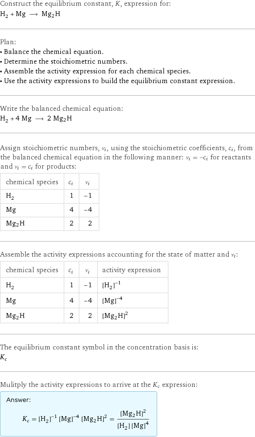 Construct the equilibrium constant, K, expression for: H_2 + Mg ⟶ Mg2H Plan: • Balance the chemical equation. • Determine the stoichiometric numbers. • Assemble the activity expression for each chemical species. • Use the activity expressions to build the equilibrium constant expression. Write the balanced chemical equation: H_2 + 4 Mg ⟶ 2 Mg2H Assign stoichiometric numbers, ν_i, using the stoichiometric coefficients, c_i, from the balanced chemical equation in the following manner: ν_i = -c_i for reactants and ν_i = c_i for products: chemical species | c_i | ν_i H_2 | 1 | -1 Mg | 4 | -4 Mg2H | 2 | 2 Assemble the activity expressions accounting for the state of matter and ν_i: chemical species | c_i | ν_i | activity expression H_2 | 1 | -1 | ([H2])^(-1) Mg | 4 | -4 | ([Mg])^(-4) Mg2H | 2 | 2 | ([Mg2H])^2 The equilibrium constant symbol in the concentration basis is: K_c Mulitply the activity expressions to arrive at the K_c expression: Answer: |   | K_c = ([H2])^(-1) ([Mg])^(-4) ([Mg2H])^2 = ([Mg2H])^2/([H2] ([Mg])^4)