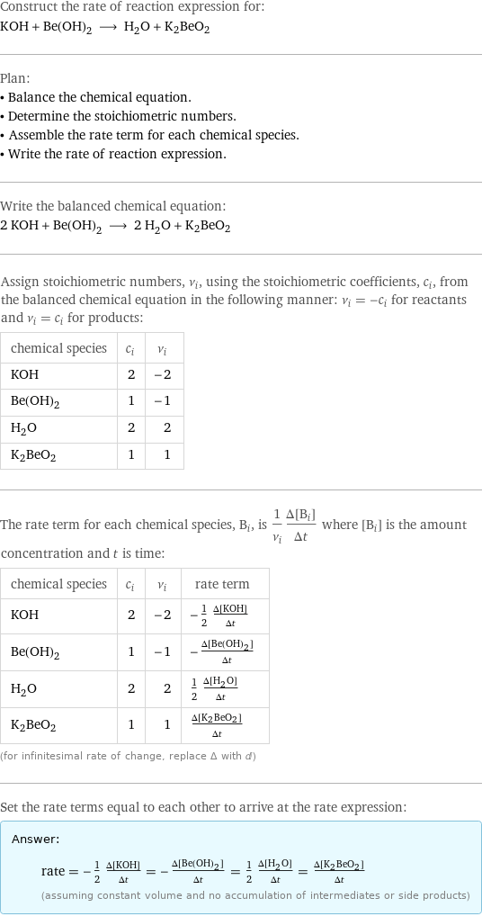 Construct the rate of reaction expression for: KOH + Be(OH)_2 ⟶ H_2O + K2BeO2 Plan: • Balance the chemical equation. • Determine the stoichiometric numbers. • Assemble the rate term for each chemical species. • Write the rate of reaction expression. Write the balanced chemical equation: 2 KOH + Be(OH)_2 ⟶ 2 H_2O + K2BeO2 Assign stoichiometric numbers, ν_i, using the stoichiometric coefficients, c_i, from the balanced chemical equation in the following manner: ν_i = -c_i for reactants and ν_i = c_i for products: chemical species | c_i | ν_i KOH | 2 | -2 Be(OH)_2 | 1 | -1 H_2O | 2 | 2 K2BeO2 | 1 | 1 The rate term for each chemical species, B_i, is 1/ν_i(Δ[B_i])/(Δt) where [B_i] is the amount concentration and t is time: chemical species | c_i | ν_i | rate term KOH | 2 | -2 | -1/2 (Δ[KOH])/(Δt) Be(OH)_2 | 1 | -1 | -(Δ[Be(OH)2])/(Δt) H_2O | 2 | 2 | 1/2 (Δ[H2O])/(Δt) K2BeO2 | 1 | 1 | (Δ[K2BeO2])/(Δt) (for infinitesimal rate of change, replace Δ with d) Set the rate terms equal to each other to arrive at the rate expression: Answer: |   | rate = -1/2 (Δ[KOH])/(Δt) = -(Δ[Be(OH)2])/(Δt) = 1/2 (Δ[H2O])/(Δt) = (Δ[K2BeO2])/(Δt) (assuming constant volume and no accumulation of intermediates or side products)