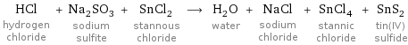 HCl hydrogen chloride + Na_2SO_3 sodium sulfite + SnCl_2 stannous chloride ⟶ H_2O water + NaCl sodium chloride + SnCl_4 stannic chloride + SnS_2 tin(IV) sulfide