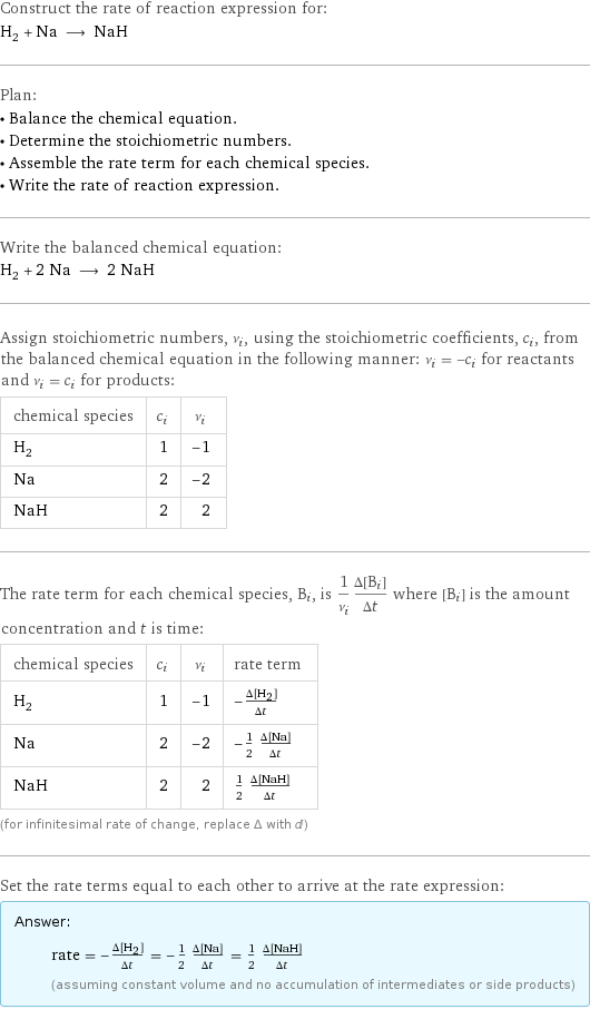 Construct the rate of reaction expression for: H_2 + Na ⟶ NaH Plan: • Balance the chemical equation. • Determine the stoichiometric numbers. • Assemble the rate term for each chemical species. • Write the rate of reaction expression. Write the balanced chemical equation: H_2 + 2 Na ⟶ 2 NaH Assign stoichiometric numbers, ν_i, using the stoichiometric coefficients, c_i, from the balanced chemical equation in the following manner: ν_i = -c_i for reactants and ν_i = c_i for products: chemical species | c_i | ν_i H_2 | 1 | -1 Na | 2 | -2 NaH | 2 | 2 The rate term for each chemical species, B_i, is 1/ν_i(Δ[B_i])/(Δt) where [B_i] is the amount concentration and t is time: chemical species | c_i | ν_i | rate term H_2 | 1 | -1 | -(Δ[H2])/(Δt) Na | 2 | -2 | -1/2 (Δ[Na])/(Δt) NaH | 2 | 2 | 1/2 (Δ[NaH])/(Δt) (for infinitesimal rate of change, replace Δ with d) Set the rate terms equal to each other to arrive at the rate expression: Answer: |   | rate = -(Δ[H2])/(Δt) = -1/2 (Δ[Na])/(Δt) = 1/2 (Δ[NaH])/(Δt) (assuming constant volume and no accumulation of intermediates or side products)