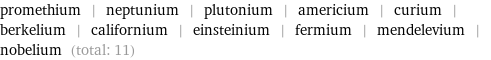 promethium | neptunium | plutonium | americium | curium | berkelium | californium | einsteinium | fermium | mendelevium | nobelium (total: 11)