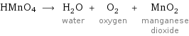 HMnO4 ⟶ H_2O water + O_2 oxygen + MnO_2 manganese dioxide