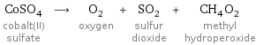 CoSO_4 cobalt(II) sulfate ⟶ O_2 oxygen + SO_2 sulfur dioxide + CH_4O_2 methyl hydroperoxide