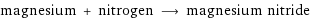 magnesium + nitrogen ⟶ magnesium nitride