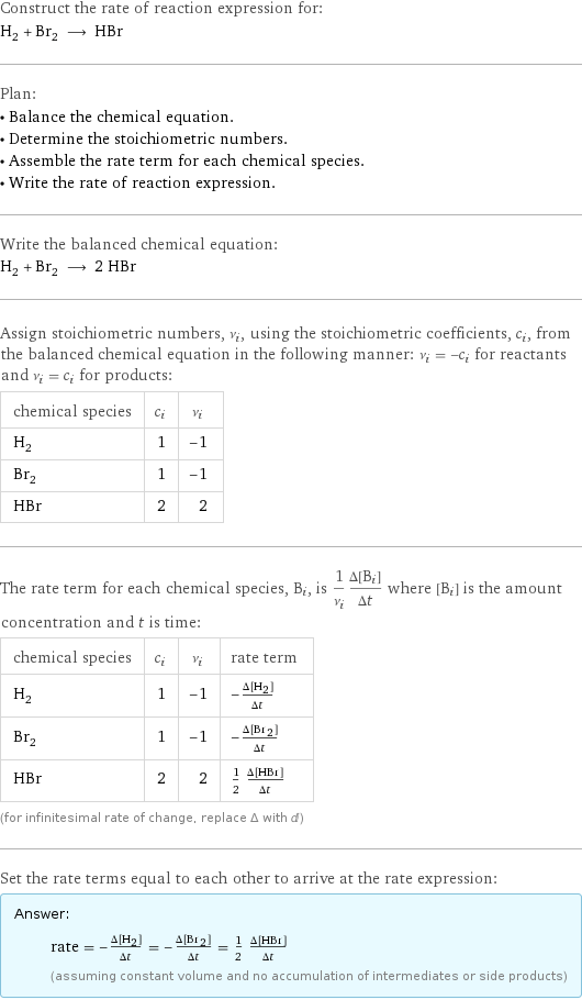 Construct the rate of reaction expression for: H_2 + Br_2 ⟶ HBr Plan: • Balance the chemical equation. • Determine the stoichiometric numbers. • Assemble the rate term for each chemical species. • Write the rate of reaction expression. Write the balanced chemical equation: H_2 + Br_2 ⟶ 2 HBr Assign stoichiometric numbers, ν_i, using the stoichiometric coefficients, c_i, from the balanced chemical equation in the following manner: ν_i = -c_i for reactants and ν_i = c_i for products: chemical species | c_i | ν_i H_2 | 1 | -1 Br_2 | 1 | -1 HBr | 2 | 2 The rate term for each chemical species, B_i, is 1/ν_i(Δ[B_i])/(Δt) where [B_i] is the amount concentration and t is time: chemical species | c_i | ν_i | rate term H_2 | 1 | -1 | -(Δ[H2])/(Δt) Br_2 | 1 | -1 | -(Δ[Br2])/(Δt) HBr | 2 | 2 | 1/2 (Δ[HBr])/(Δt) (for infinitesimal rate of change, replace Δ with d) Set the rate terms equal to each other to arrive at the rate expression: Answer: |   | rate = -(Δ[H2])/(Δt) = -(Δ[Br2])/(Δt) = 1/2 (Δ[HBr])/(Δt) (assuming constant volume and no accumulation of intermediates or side products)