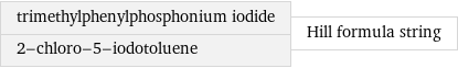 trimethylphenylphosphonium iodide 2-chloro-5-iodotoluene | Hill formula string