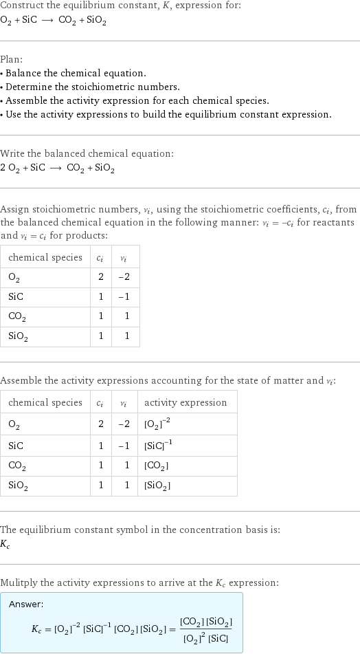 Construct the equilibrium constant, K, expression for: O_2 + SiC ⟶ CO_2 + SiO_2 Plan: • Balance the chemical equation. • Determine the stoichiometric numbers. • Assemble the activity expression for each chemical species. • Use the activity expressions to build the equilibrium constant expression. Write the balanced chemical equation: 2 O_2 + SiC ⟶ CO_2 + SiO_2 Assign stoichiometric numbers, ν_i, using the stoichiometric coefficients, c_i, from the balanced chemical equation in the following manner: ν_i = -c_i for reactants and ν_i = c_i for products: chemical species | c_i | ν_i O_2 | 2 | -2 SiC | 1 | -1 CO_2 | 1 | 1 SiO_2 | 1 | 1 Assemble the activity expressions accounting for the state of matter and ν_i: chemical species | c_i | ν_i | activity expression O_2 | 2 | -2 | ([O2])^(-2) SiC | 1 | -1 | ([SiC])^(-1) CO_2 | 1 | 1 | [CO2] SiO_2 | 1 | 1 | [SiO2] The equilibrium constant symbol in the concentration basis is: K_c Mulitply the activity expressions to arrive at the K_c expression: Answer: |   | K_c = ([O2])^(-2) ([SiC])^(-1) [CO2] [SiO2] = ([CO2] [SiO2])/(([O2])^2 [SiC])