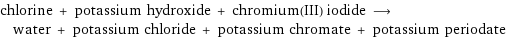 chlorine + potassium hydroxide + chromium(III) iodide ⟶ water + potassium chloride + potassium chromate + potassium periodate