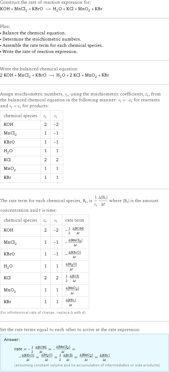 Construct the rate of reaction expression for: KOH + MnCl_2 + KBrO ⟶ H_2O + KCl + MnO_2 + KBr Plan: • Balance the chemical equation. • Determine the stoichiometric numbers. • Assemble the rate term for each chemical species. • Write the rate of reaction expression. Write the balanced chemical equation: 2 KOH + MnCl_2 + KBrO ⟶ H_2O + 2 KCl + MnO_2 + KBr Assign stoichiometric numbers, ν_i, using the stoichiometric coefficients, c_i, from the balanced chemical equation in the following manner: ν_i = -c_i for reactants and ν_i = c_i for products: chemical species | c_i | ν_i KOH | 2 | -2 MnCl_2 | 1 | -1 KBrO | 1 | -1 H_2O | 1 | 1 KCl | 2 | 2 MnO_2 | 1 | 1 KBr | 1 | 1 The rate term for each chemical species, B_i, is 1/ν_i(Δ[B_i])/(Δt) where [B_i] is the amount concentration and t is time: chemical species | c_i | ν_i | rate term KOH | 2 | -2 | -1/2 (Δ[KOH])/(Δt) MnCl_2 | 1 | -1 | -(Δ[MnCl2])/(Δt) KBrO | 1 | -1 | -(Δ[KBrO])/(Δt) H_2O | 1 | 1 | (Δ[H2O])/(Δt) KCl | 2 | 2 | 1/2 (Δ[KCl])/(Δt) MnO_2 | 1 | 1 | (Δ[MnO2])/(Δt) KBr | 1 | 1 | (Δ[KBr])/(Δt) (for infinitesimal rate of change, replace Δ with d) Set the rate terms equal to each other to arrive at the rate expression: Answer: |   | rate = -1/2 (Δ[KOH])/(Δt) = -(Δ[MnCl2])/(Δt) = -(Δ[KBrO])/(Δt) = (Δ[H2O])/(Δt) = 1/2 (Δ[KCl])/(Δt) = (Δ[MnO2])/(Δt) = (Δ[KBr])/(Δt) (assuming constant volume and no accumulation of intermediates or side products)