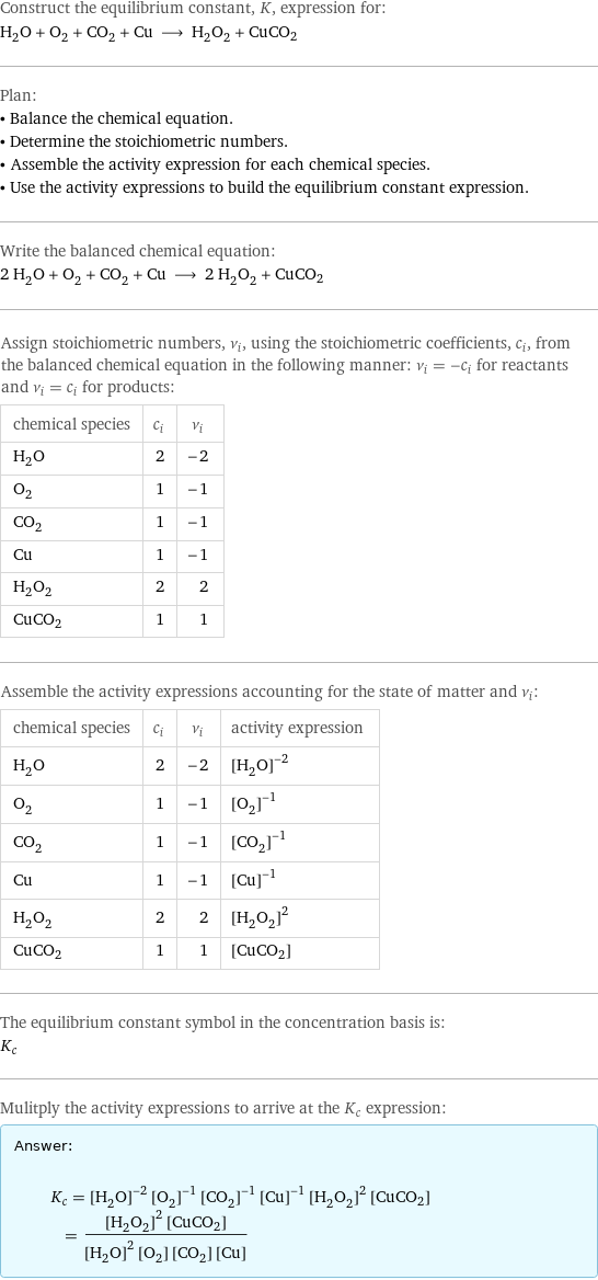 Construct the equilibrium constant, K, expression for: H_2O + O_2 + CO_2 + Cu ⟶ H_2O_2 + CuCO2 Plan: • Balance the chemical equation. • Determine the stoichiometric numbers. • Assemble the activity expression for each chemical species. • Use the activity expressions to build the equilibrium constant expression. Write the balanced chemical equation: 2 H_2O + O_2 + CO_2 + Cu ⟶ 2 H_2O_2 + CuCO2 Assign stoichiometric numbers, ν_i, using the stoichiometric coefficients, c_i, from the balanced chemical equation in the following manner: ν_i = -c_i for reactants and ν_i = c_i for products: chemical species | c_i | ν_i H_2O | 2 | -2 O_2 | 1 | -1 CO_2 | 1 | -1 Cu | 1 | -1 H_2O_2 | 2 | 2 CuCO2 | 1 | 1 Assemble the activity expressions accounting for the state of matter and ν_i: chemical species | c_i | ν_i | activity expression H_2O | 2 | -2 | ([H2O])^(-2) O_2 | 1 | -1 | ([O2])^(-1) CO_2 | 1 | -1 | ([CO2])^(-1) Cu | 1 | -1 | ([Cu])^(-1) H_2O_2 | 2 | 2 | ([H2O2])^2 CuCO2 | 1 | 1 | [CuCO2] The equilibrium constant symbol in the concentration basis is: K_c Mulitply the activity expressions to arrive at the K_c expression: Answer: |   | K_c = ([H2O])^(-2) ([O2])^(-1) ([CO2])^(-1) ([Cu])^(-1) ([H2O2])^2 [CuCO2] = (([H2O2])^2 [CuCO2])/(([H2O])^2 [O2] [CO2] [Cu])