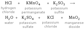 HCl hydrogen chloride + KMnO_4 potassium permanganate + K_2SO_3 potassium sulfite ⟶ H_2O water + K_2SO_4 potassium sulfate + KCl potassium chloride + MnO_2 manganese dioxide