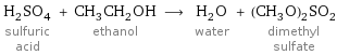 H_2SO_4 sulfuric acid + CH_3CH_2OH ethanol ⟶ H_2O water + (CH_3O)_2SO_2 dimethyl sulfate