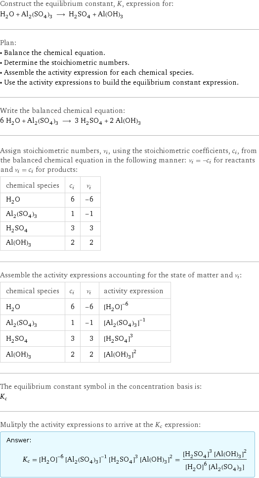 Construct the equilibrium constant, K, expression for: H_2O + Al_2(SO_4)_3 ⟶ H_2SO_4 + Al(OH)_3 Plan: • Balance the chemical equation. • Determine the stoichiometric numbers. • Assemble the activity expression for each chemical species. • Use the activity expressions to build the equilibrium constant expression. Write the balanced chemical equation: 6 H_2O + Al_2(SO_4)_3 ⟶ 3 H_2SO_4 + 2 Al(OH)_3 Assign stoichiometric numbers, ν_i, using the stoichiometric coefficients, c_i, from the balanced chemical equation in the following manner: ν_i = -c_i for reactants and ν_i = c_i for products: chemical species | c_i | ν_i H_2O | 6 | -6 Al_2(SO_4)_3 | 1 | -1 H_2SO_4 | 3 | 3 Al(OH)_3 | 2 | 2 Assemble the activity expressions accounting for the state of matter and ν_i: chemical species | c_i | ν_i | activity expression H_2O | 6 | -6 | ([H2O])^(-6) Al_2(SO_4)_3 | 1 | -1 | ([Al2(SO4)3])^(-1) H_2SO_4 | 3 | 3 | ([H2SO4])^3 Al(OH)_3 | 2 | 2 | ([Al(OH)3])^2 The equilibrium constant symbol in the concentration basis is: K_c Mulitply the activity expressions to arrive at the K_c expression: Answer: |   | K_c = ([H2O])^(-6) ([Al2(SO4)3])^(-1) ([H2SO4])^3 ([Al(OH)3])^2 = (([H2SO4])^3 ([Al(OH)3])^2)/(([H2O])^6 [Al2(SO4)3])