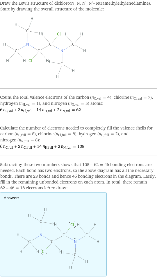 Draw the Lewis structure of dichloro(N, N, N', N'-tetramethylethylenediamine). Start by drawing the overall structure of the molecule:  Count the total valence electrons of the carbon (n_C, val = 4), chlorine (n_Cl, val = 7), hydrogen (n_H, val = 1), and nitrogen (n_N, val = 5) atoms: 6 n_C, val + 2 n_Cl, val + 14 n_H, val + 2 n_N, val = 62 Calculate the number of electrons needed to completely fill the valence shells for carbon (n_C, full = 8), chlorine (n_Cl, full = 8), hydrogen (n_H, full = 2), and nitrogen (n_N, full = 8): 6 n_C, full + 2 n_Cl, full + 14 n_H, full + 2 n_N, full = 108 Subtracting these two numbers shows that 108 - 62 = 46 bonding electrons are needed. Each bond has two electrons, so the above diagram has all the necessary bonds. There are 23 bonds and hence 46 bonding electrons in the diagram. Lastly, fill in the remaining unbonded electrons on each atom. In total, there remain 62 - 46 = 16 electrons left to draw: Answer: |   | 