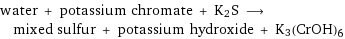 water + potassium chromate + K2S ⟶ mixed sulfur + potassium hydroxide + K3(CrOH)6