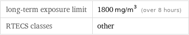 long-term exposure limit | 1800 mg/m^3 (over 8 hours) RTECS classes | other