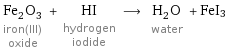 Fe_2O_3 iron(III) oxide + HI hydrogen iodide ⟶ H_2O water + FeI3