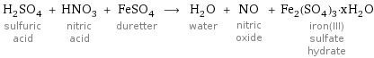 H_2SO_4 sulfuric acid + HNO_3 nitric acid + FeSO_4 duretter ⟶ H_2O water + NO nitric oxide + Fe_2(SO_4)_3·xH_2O iron(III) sulfate hydrate