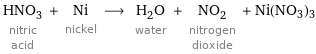 HNO_3 nitric acid + Ni nickel ⟶ H_2O water + NO_2 nitrogen dioxide + Ni(NO3)3