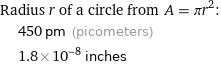 Radius r of a circle from A = πr^2:  | 450 pm (picometers)  | 1.8×10^-8 inches