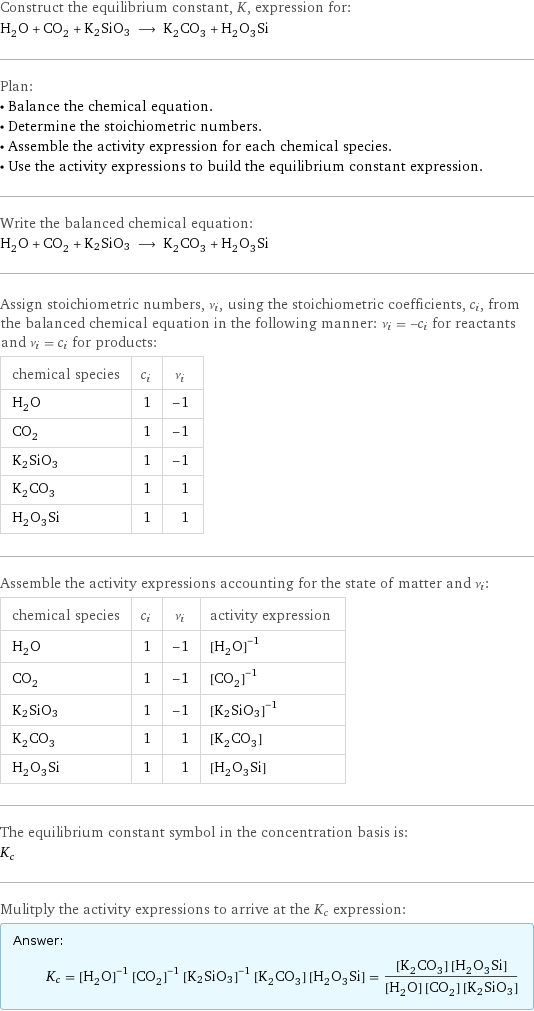 Construct the equilibrium constant, K, expression for: H_2O + CO_2 + K2SiO3 ⟶ K_2CO_3 + H_2O_3Si Plan: • Balance the chemical equation. • Determine the stoichiometric numbers. • Assemble the activity expression for each chemical species. • Use the activity expressions to build the equilibrium constant expression. Write the balanced chemical equation: H_2O + CO_2 + K2SiO3 ⟶ K_2CO_3 + H_2O_3Si Assign stoichiometric numbers, ν_i, using the stoichiometric coefficients, c_i, from the balanced chemical equation in the following manner: ν_i = -c_i for reactants and ν_i = c_i for products: chemical species | c_i | ν_i H_2O | 1 | -1 CO_2 | 1 | -1 K2SiO3 | 1 | -1 K_2CO_3 | 1 | 1 H_2O_3Si | 1 | 1 Assemble the activity expressions accounting for the state of matter and ν_i: chemical species | c_i | ν_i | activity expression H_2O | 1 | -1 | ([H2O])^(-1) CO_2 | 1 | -1 | ([CO2])^(-1) K2SiO3 | 1 | -1 | ([K2SiO3])^(-1) K_2CO_3 | 1 | 1 | [K2CO3] H_2O_3Si | 1 | 1 | [H2O3Si] The equilibrium constant symbol in the concentration basis is: K_c Mulitply the activity expressions to arrive at the K_c expression: Answer: |   | K_c = ([H2O])^(-1) ([CO2])^(-1) ([K2SiO3])^(-1) [K2CO3] [H2O3Si] = ([K2CO3] [H2O3Si])/([H2O] [CO2] [K2SiO3])