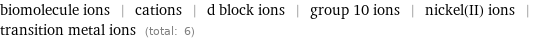 biomolecule ions | cations | d block ions | group 10 ions | nickel(II) ions | transition metal ions (total: 6)