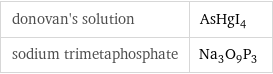 donovan's solution | AsHgI_4 sodium trimetaphosphate | Na_3O_9P_3