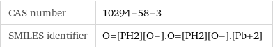 CAS number | 10294-58-3 SMILES identifier | O=[PH2][O-].O=[PH2][O-].[Pb+2]