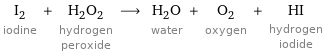 I_2 iodine + H_2O_2 hydrogen peroxide ⟶ H_2O water + O_2 oxygen + HI hydrogen iodide