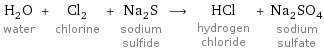 H_2O water + Cl_2 chlorine + Na_2S sodium sulfide ⟶ HCl hydrogen chloride + Na_2SO_4 sodium sulfate