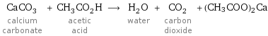 CaCO_3 calcium carbonate + CH_3CO_2H acetic acid ⟶ H_2O water + CO_2 carbon dioxide + (CH3COO)2Ca