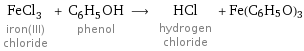 FeCl_3 iron(III) chloride + C_6H_5OH phenol ⟶ HCl hydrogen chloride + Fe(C6H5O)3