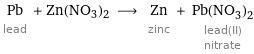 Pb lead + Zn(NO3)2 ⟶ Zn zinc + Pb(NO_3)_2 lead(II) nitrate