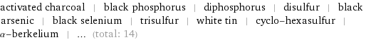 activated charcoal | black phosphorus | diphosphorus | disulfur | black arsenic | black selenium | trisulfur | white tin | cyclo-hexasulfur | α-berkelium | ... (total: 14)