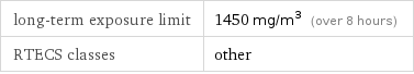 long-term exposure limit | 1450 mg/m^3 (over 8 hours) RTECS classes | other