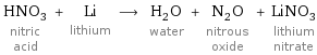 HNO_3 nitric acid + Li lithium ⟶ H_2O water + N_2O nitrous oxide + LiNO_3 lithium nitrate