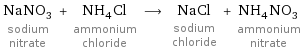 NaNO_3 sodium nitrate + NH_4Cl ammonium chloride ⟶ NaCl sodium chloride + NH_4NO_3 ammonium nitrate