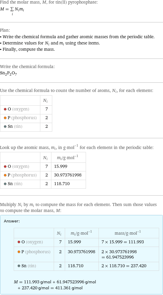 Find the molar mass, M, for tin(II) pyrophosphate: M = sum _iN_im_i Plan: • Write the chemical formula and gather atomic masses from the periodic table. • Determine values for N_i and m_i using these items. • Finally, compute the mass. Write the chemical formula: Sn_2P_2O_7 Use the chemical formula to count the number of atoms, N_i, for each element:  | N_i  O (oxygen) | 7  P (phosphorus) | 2  Sn (tin) | 2 Look up the atomic mass, m_i, in g·mol^(-1) for each element in the periodic table:  | N_i | m_i/g·mol^(-1)  O (oxygen) | 7 | 15.999  P (phosphorus) | 2 | 30.973761998  Sn (tin) | 2 | 118.710 Multiply N_i by m_i to compute the mass for each element. Then sum those values to compute the molar mass, M: Answer: |   | | N_i | m_i/g·mol^(-1) | mass/g·mol^(-1)  O (oxygen) | 7 | 15.999 | 7 × 15.999 = 111.993  P (phosphorus) | 2 | 30.973761998 | 2 × 30.973761998 = 61.947523996  Sn (tin) | 2 | 118.710 | 2 × 118.710 = 237.420  M = 111.993 g/mol + 61.947523996 g/mol + 237.420 g/mol = 411.361 g/mol