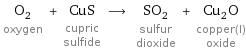 O_2 oxygen + CuS cupric sulfide ⟶ SO_2 sulfur dioxide + Cu_2O copper(I) oxide