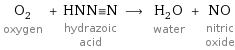 O_2 oxygen + HNN congruent N hydrazoic acid ⟶ H_2O water + NO nitric oxide