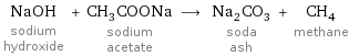 NaOH sodium hydroxide + CH_3COONa sodium acetate ⟶ Na_2CO_3 soda ash + CH_4 methane