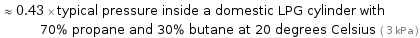  ≈ 0.43 × typical pressure inside a domestic LPG cylinder with 70% propane and 30% butane at 20 degrees Celsius ( 3 kPa )