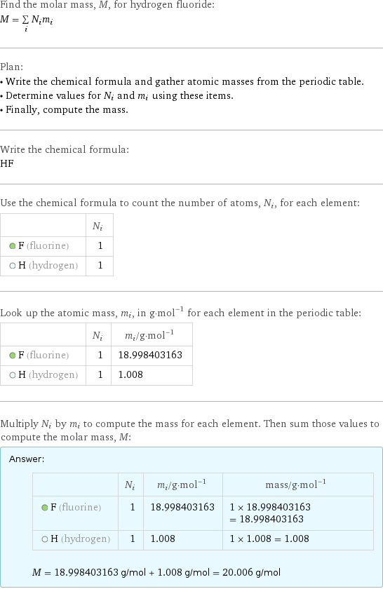 Find the molar mass, M, for hydrogen fluoride: M = sum _iN_im_i Plan: • Write the chemical formula and gather atomic masses from the periodic table. • Determine values for N_i and m_i using these items. • Finally, compute the mass. Write the chemical formula: HF Use the chemical formula to count the number of atoms, N_i, for each element:  | N_i  F (fluorine) | 1  H (hydrogen) | 1 Look up the atomic mass, m_i, in g·mol^(-1) for each element in the periodic table:  | N_i | m_i/g·mol^(-1)  F (fluorine) | 1 | 18.998403163  H (hydrogen) | 1 | 1.008 Multiply N_i by m_i to compute the mass for each element. Then sum those values to compute the molar mass, M: Answer: |   | | N_i | m_i/g·mol^(-1) | mass/g·mol^(-1)  F (fluorine) | 1 | 18.998403163 | 1 × 18.998403163 = 18.998403163  H (hydrogen) | 1 | 1.008 | 1 × 1.008 = 1.008  M = 18.998403163 g/mol + 1.008 g/mol = 20.006 g/mol